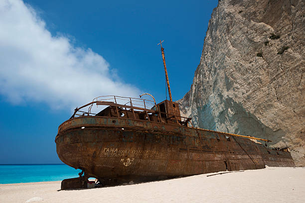 shipwreck zakynthos - navagio beach stockfoto's en -beelden