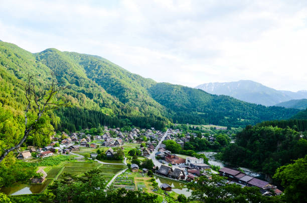 Shirakawa-go in the Spring Evening, UNESCO World Heritage Sites, Japan Shirakawa-go in the Spring Evening, UNESCO World Heritage Sites, Japan satoyama scenery stock pictures, royalty-free photos & images