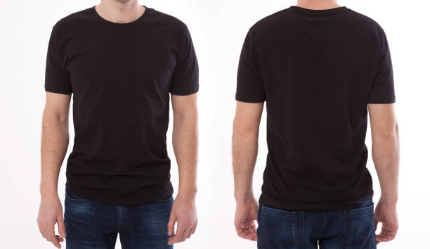 shirt design and people concept - close up of young man in blank black tshirt front and rear isolated. mock up template for design print - tshirt mockup imagens e fotografias de stock