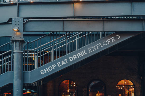 Shop Eat Drink directional sign in Coal Drops Yard, London, UK. stock photo