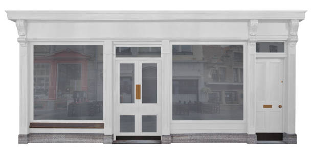 winkel met wit geschilderde houten front en cut-out op witte achtergrond - etalage stockfoto's en -beelden
