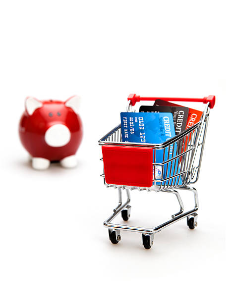 Shopping Cart, Credit Card and Red Piggy Bank stock photo