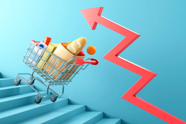Shopping cart full of food and red success arrow sign on stairs Growth or increase design concept. 3d illustration inflation stock pictures, royalty-free photos & images