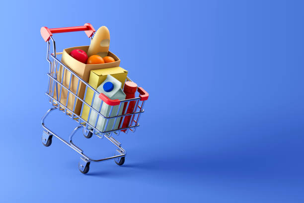 Shopping cart full of food on blue background 3d illustration cart photos stock pictures, royalty-free photos & images