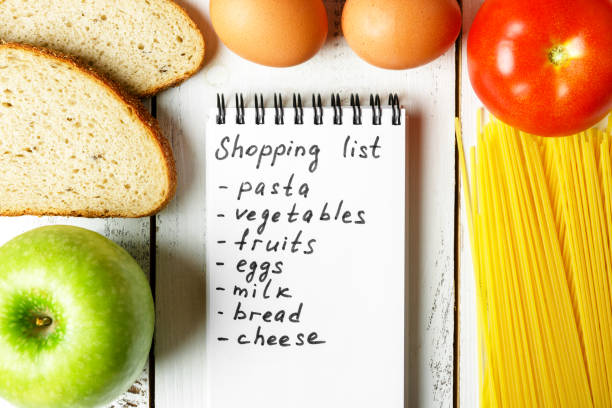 Shopping list for the supermarket. Food: Pasta, tomatoes, eggs, bread, apples. shopping list stock pictures, royalty-free photos & images