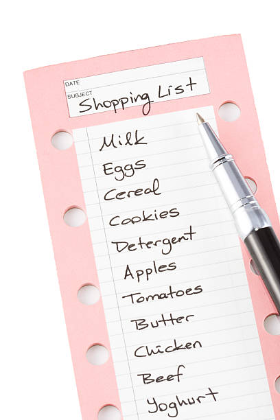 shopping list shopping list and a pen on white background shopping list stock pictures, royalty-free photos & images