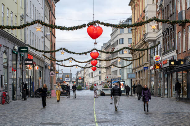 Shopping street with Christmas decoration in Copenhagen, Denmark stock photo