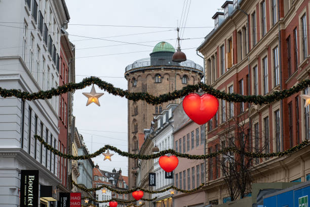 Shopping street with Christmas decoration in Copenhagen, Denmark stock photo