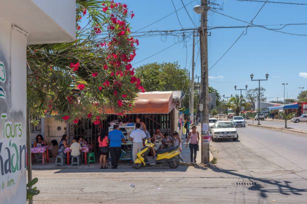 shops and restaurants on the main street of Tulum, Quintana Roo, Mexico stock photo