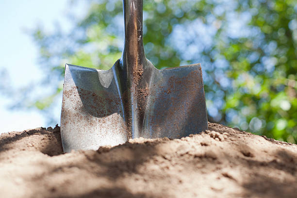 Shovel and Dirt A shovel is stuck in a pile of dirt with bokeh in the background. digging stock pictures, royalty-free photos & images