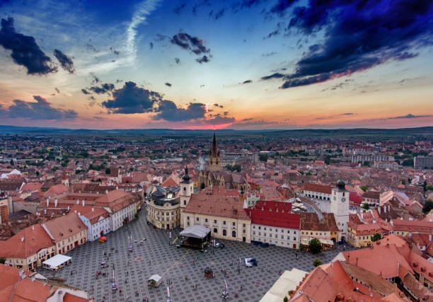 Sibiu Romania aerial view at sunset stock photo