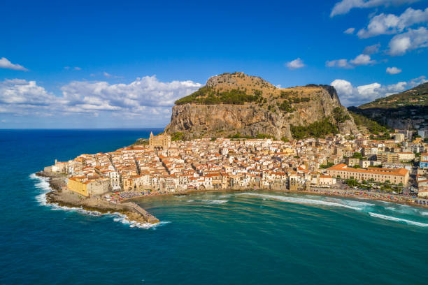 Sicily Island and the view of Cefalu old town, Italy, Europe stock photo