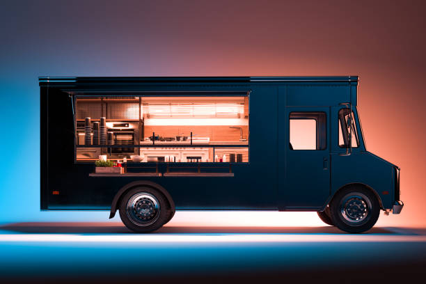 Side View of Black Food Truck With Detailed Interior Isolated on Illuminated Background. Takeaway food. 3d rendering. Side View Of Black Food Truck With Detailed Interior Isolated on Illuminated Background. Cozy Interior With Warm Light. Takeaway food and drinks. 3d rendering. food truck stock pictures, royalty-free photos & images