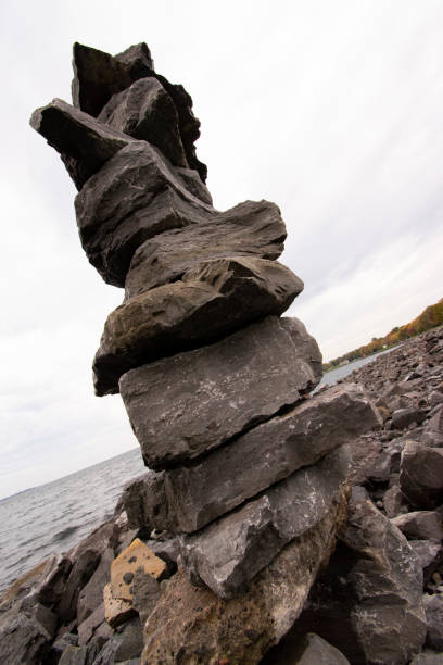 Side view of inukshuk. stock photo