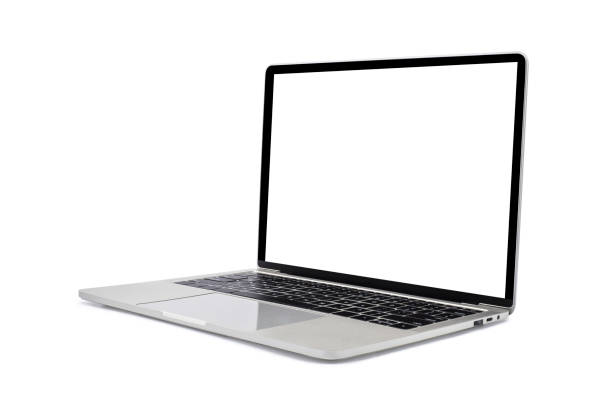 zijaanzicht van open laptopcomputer. modern dun randslank ontwerp. leeg wit schermvertoning voor mockup en grijs metaal materiaallichaam dat op witte achtergrond met knipselweg wordt geïsoleerd. - laptop stockfoto's en -beelden