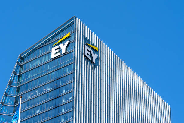 Sign and logo of EY on EY Tower in downtown Toronto. stock photo