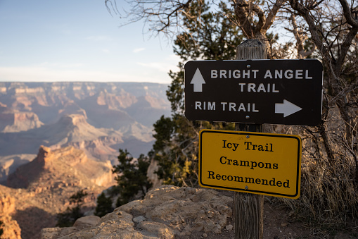 Sign At The Split of Bright Angel and Rim Trails points hikers in each direction