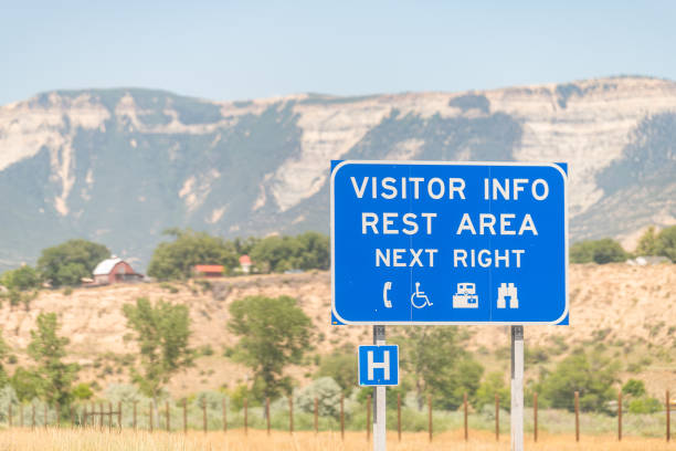 Sign closeup for Visitor center info and rest area next right exit in Colorado during summer Rifle, USA - July 22, 2019: Sign closeup for Visitor center info and rest area next right exit in Colorado during summer garfield county utah stock pictures, royalty-free photos & images
