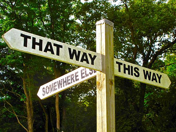 sign depicting indecision opportunity the way forward stock photo