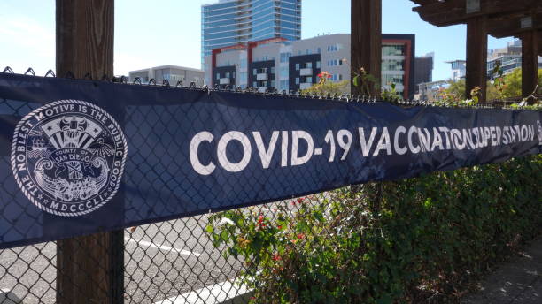 Sign for San Diego Covid-19 vaccination center stock photo