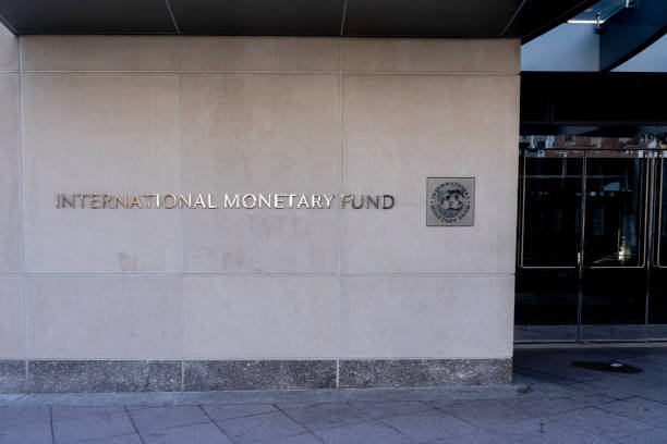 Sign of The International Monetary Fund (IMF) on their headquarters building in Washington D.C. stock photo