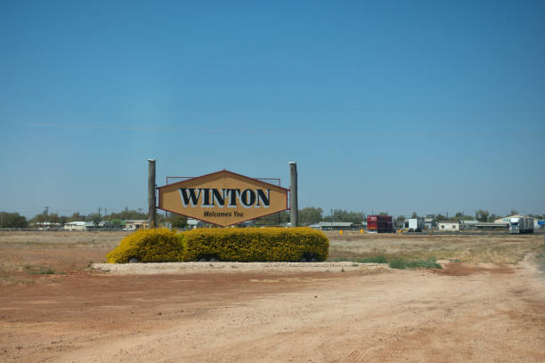 Sign welcoming travellers to Winton in outback Queensland stock photo
