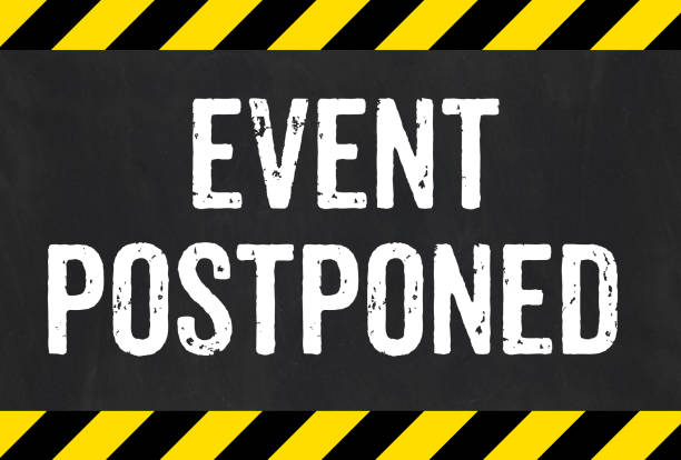 Sign with caution stripes - Event postponed Sign with caution stripes - Event postponed postponed stock pictures, royalty-free photos & images