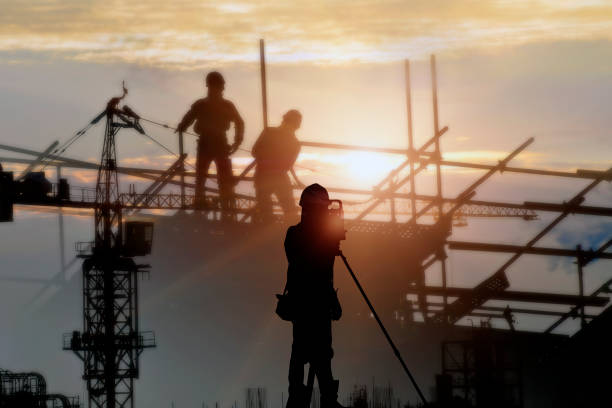 Silhouette construction site  and sunset background. stock photo