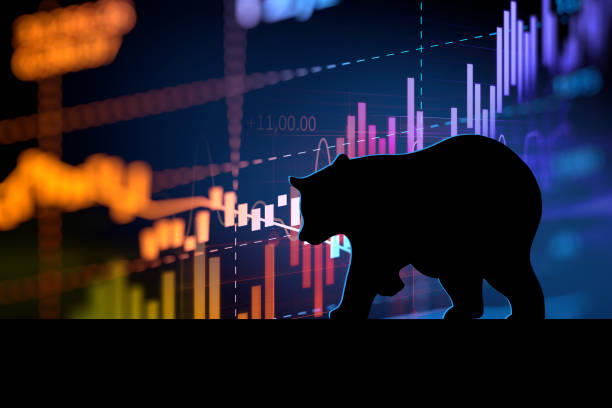 silhouette form of bear on technical financial graph silhouette form of bear on financial stock market graph represent stock market crash or down trend investment stock market usa stock pictures, royalty-free photos & images