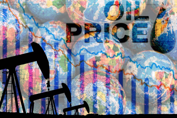 silhouette industrial oil pump jack and falling oil graph silhouette industrial oil pump jack and falling oil graph on the blue globe background with the word oil price, oil price falling crisis concept ny stocks up down stock pictures, royalty-free photos & images