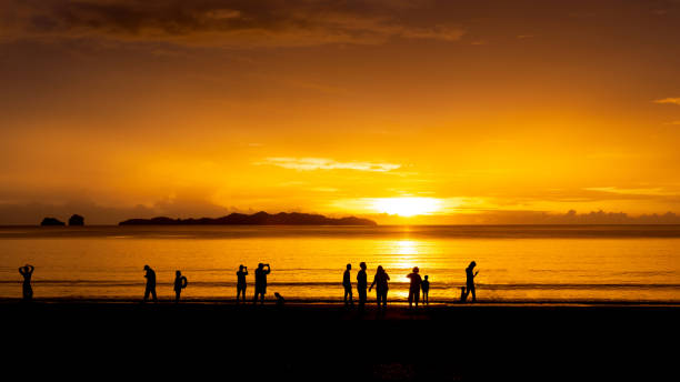 Silhouette of a group of people on the beach. stock photo
