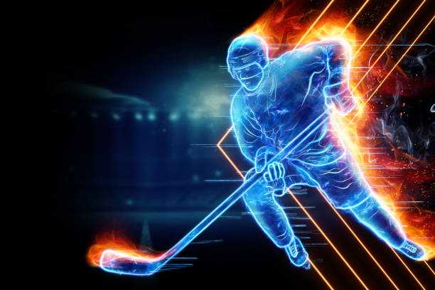Silhouette of a hologram of a hockey player on fire on a dark background. The concept of sports, speed, sports betting. 3D illustration, 3D render. stock photo