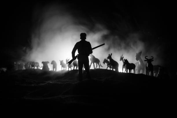 Silhouette of a man (hunter) with rifle standing against group of animals in colorful dark backlight. Decorated with miniatures. Selective focus stock photo