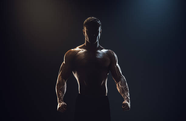 Silhouette of a strong fighter Silhouette of a strong fighter. Confident young fitness man with strong hands and clenched fists. Dramatic light. bodybuilder stock pictures, royalty-free photos & images