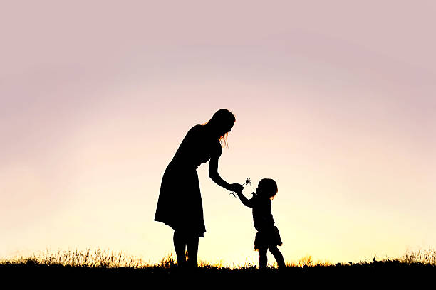 Silhouette of Baby Girl Giving Mom Flower at Sunset stock photo