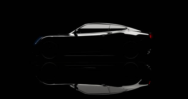 silhouette of black sports car on black silhouette of black sports car on black background, photorealistic 3d render, generic design, non-branded luxury car stock pictures, royalty-free photos & images