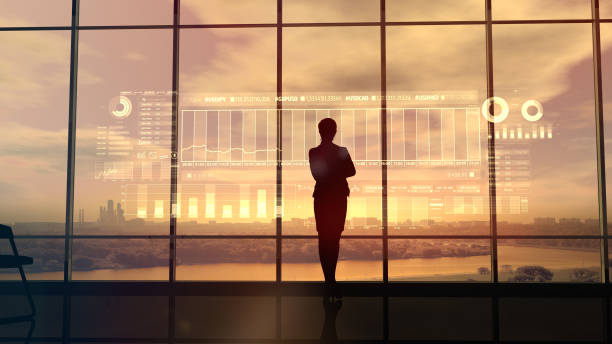 Silhouette of business woman and stock exchange infographics stock photo