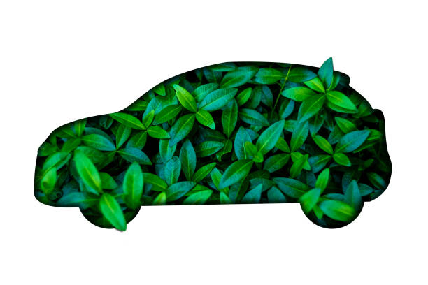 silhouette of car out of green leaves on white background. eco car concept stock photo