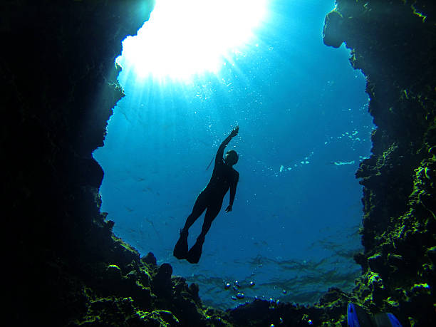 Silhouette of diver at entrance of a blue water cave A diver in silhouette over a deep hole in the reef with sunlight streaming. deep sea diving stock pictures, royalty-free photos & images