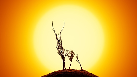 Silhouette of growing tree in a shape of a deer. Sun rays shining through the tree. Eco Concept. 3D rendering.