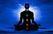 Silhouette of human doing yoga and where has scored seven chakra points