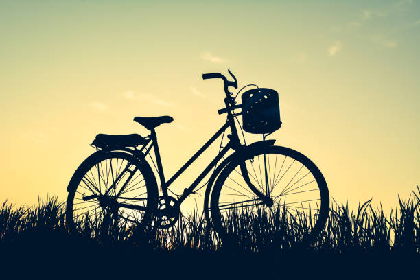Silhouette of old bicycle on grass with the sky sunset, color of...