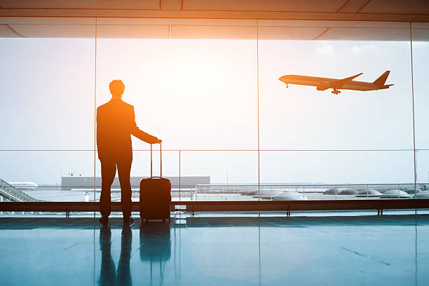 silhouette of person in the airport business man with luggage waiting in the airport business travel photos stock pictures, royalty-free photos & images