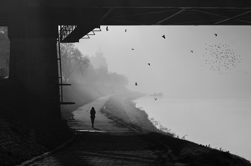 Silhouette of the young woman walking beside the river on a misty autumn day.
