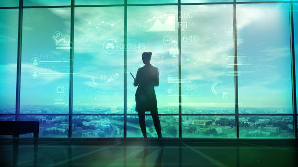 Silhouette of woman and corporate infographics stock photo
