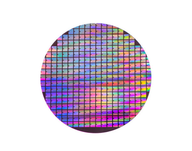 Silicon wafer with chips isolated on white background stock photo