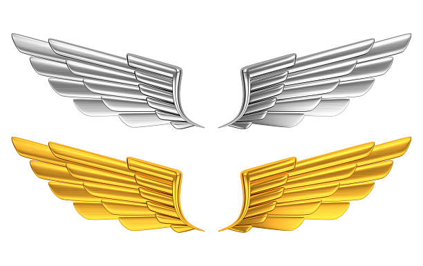 Silver and gold wings against white background stock photo