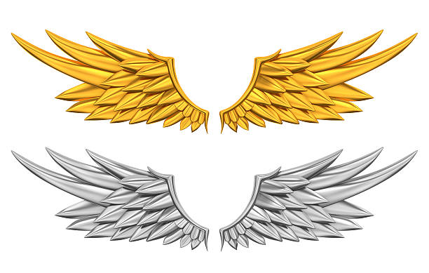 A silver and golden wings on white stock photo