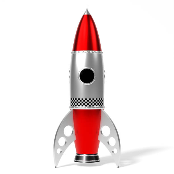 Silver and red toy rocket stock photo