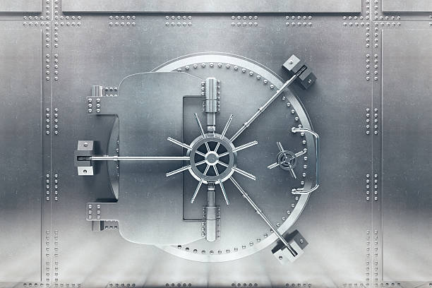 Silver bank vault front Front  view of light silver bank vault door, closed. 3D Render safes and vaults stock pictures, royalty-free photos & images